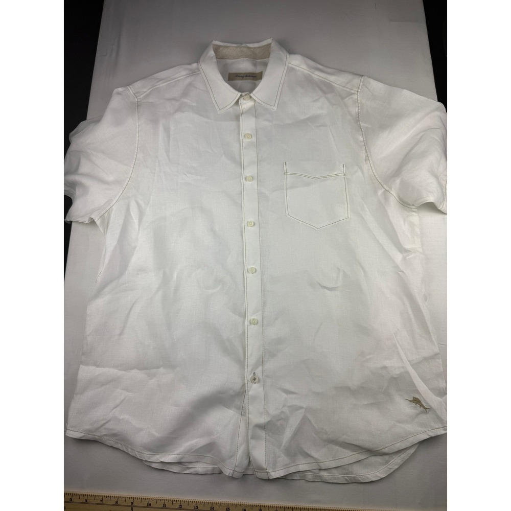Tommy Bahama Button Down Shirt Large White 100% Linen Short Sleeve Marlin Logo